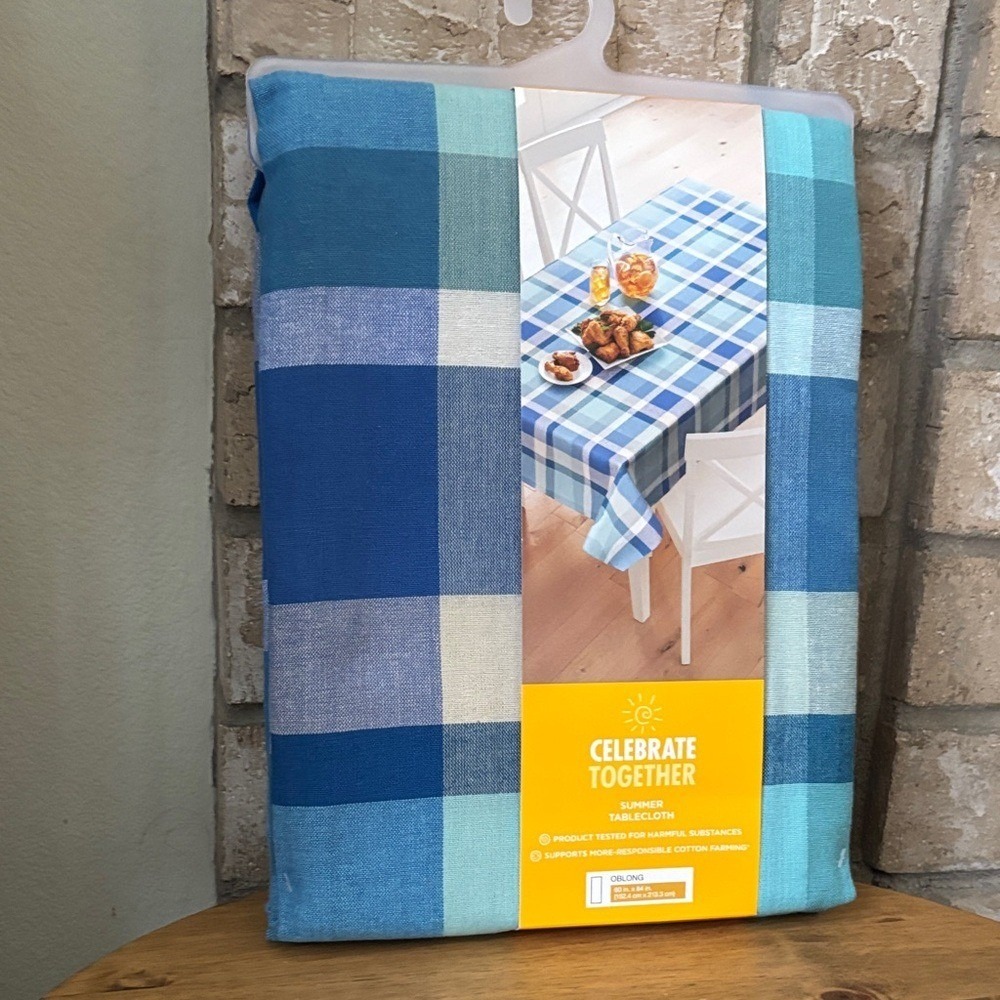 Celebrate Together Blue Gingham Plaid Picnic Table Cloth Fabric 60" by 84" NEW - Picture 5 of 11